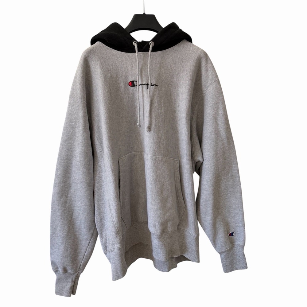 Champion Reverse Weave Hoodie Mens Large Gray Black Colorblock Script Logo S4569